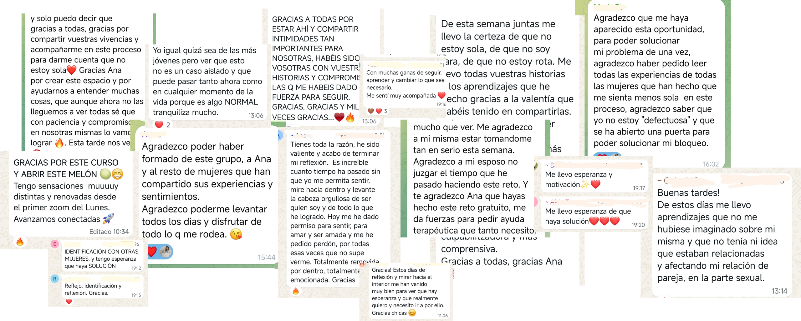 Capturas de mensajes de participantes agradeciendo a Ana el reto: dicen sentirse menos solas, no rotas y con esperanza